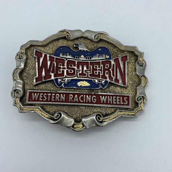 Western Racing Wheels Belt Buckle Vintage 1970's Brass 3.5x2.75 - Picture 3 of 8